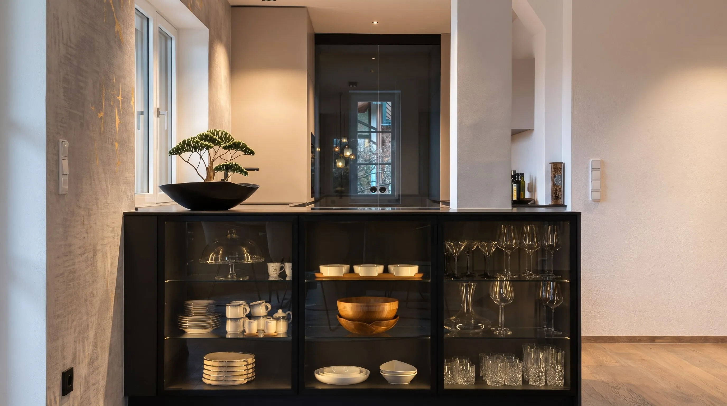 Küche mit beleuchteter Glasvitrine und getönter Schiebetür – Projekt in Bad Hall